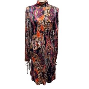 Free People - All Dolled Up Mini Dress Paisley Mock Neck Cutout Back-Size Large